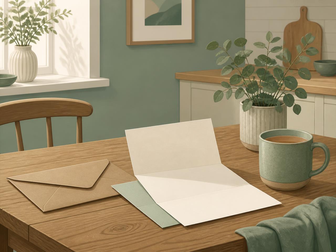 A UK letter opened neatly on a kitchen table beside a mug of tea